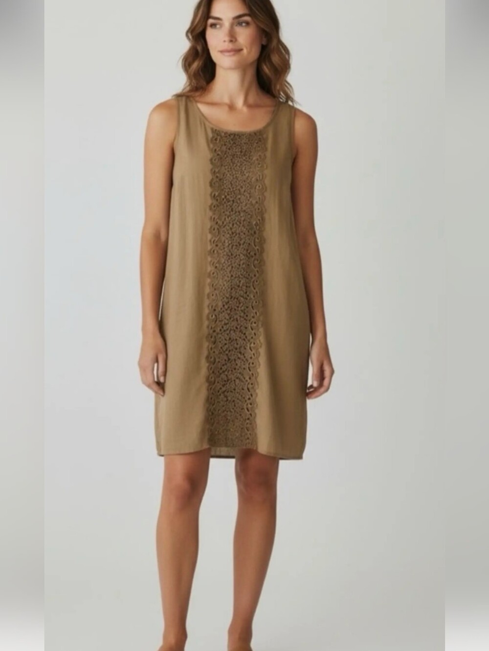 J. Crew Tan Sleeveless Crochet-Front Shift Dress